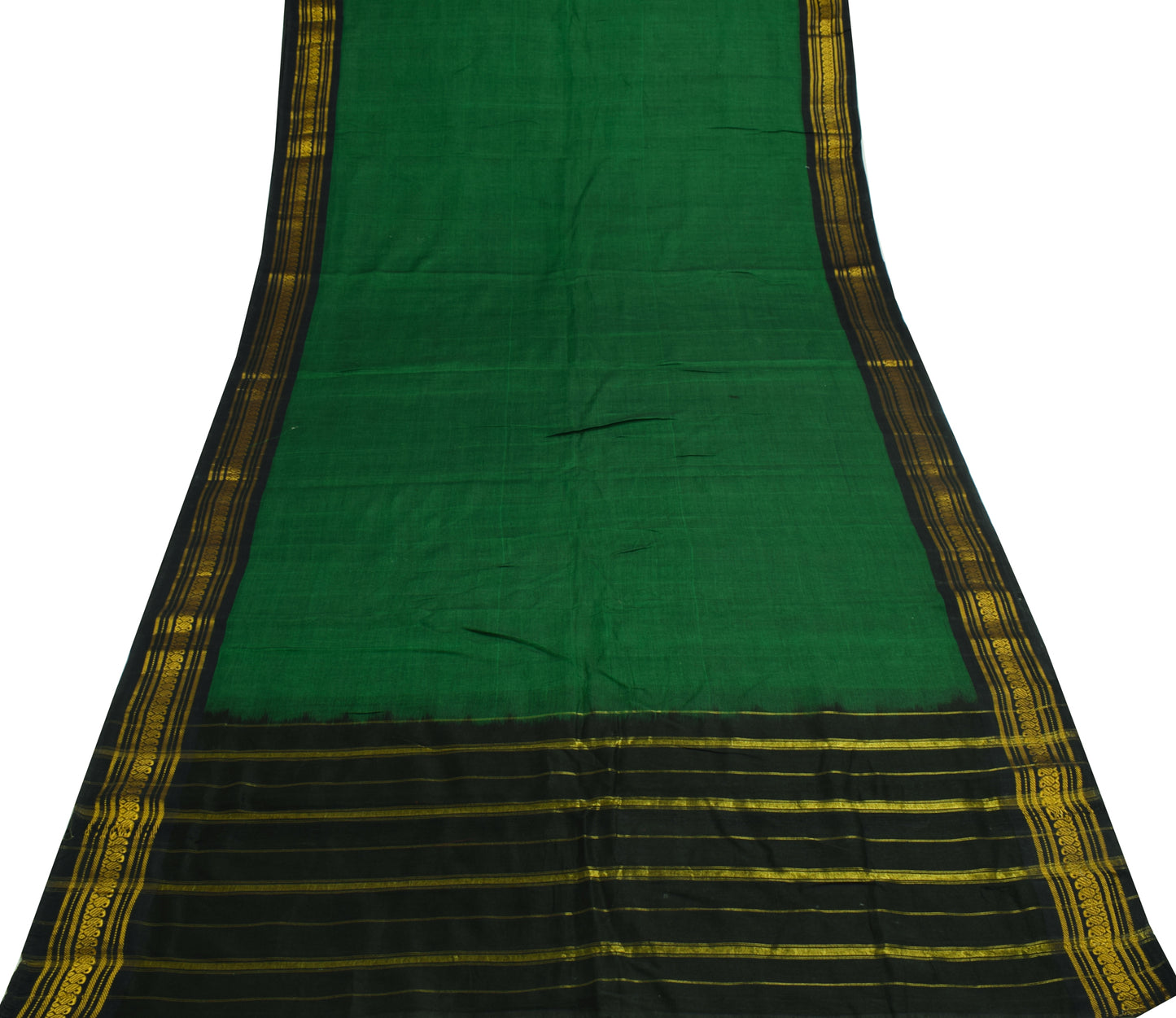 Sushila Vintage Green Scrap Saree 100%Pure Cotton Woven 5 Yard Sari Craft Fabric