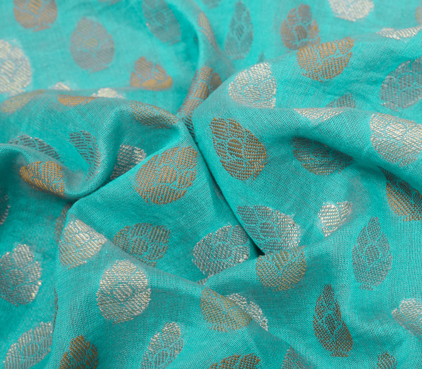 Sushila Vintage Aqua Blue Scrap Saree Blend Cotton Silk Woven Floral Sari Fabric