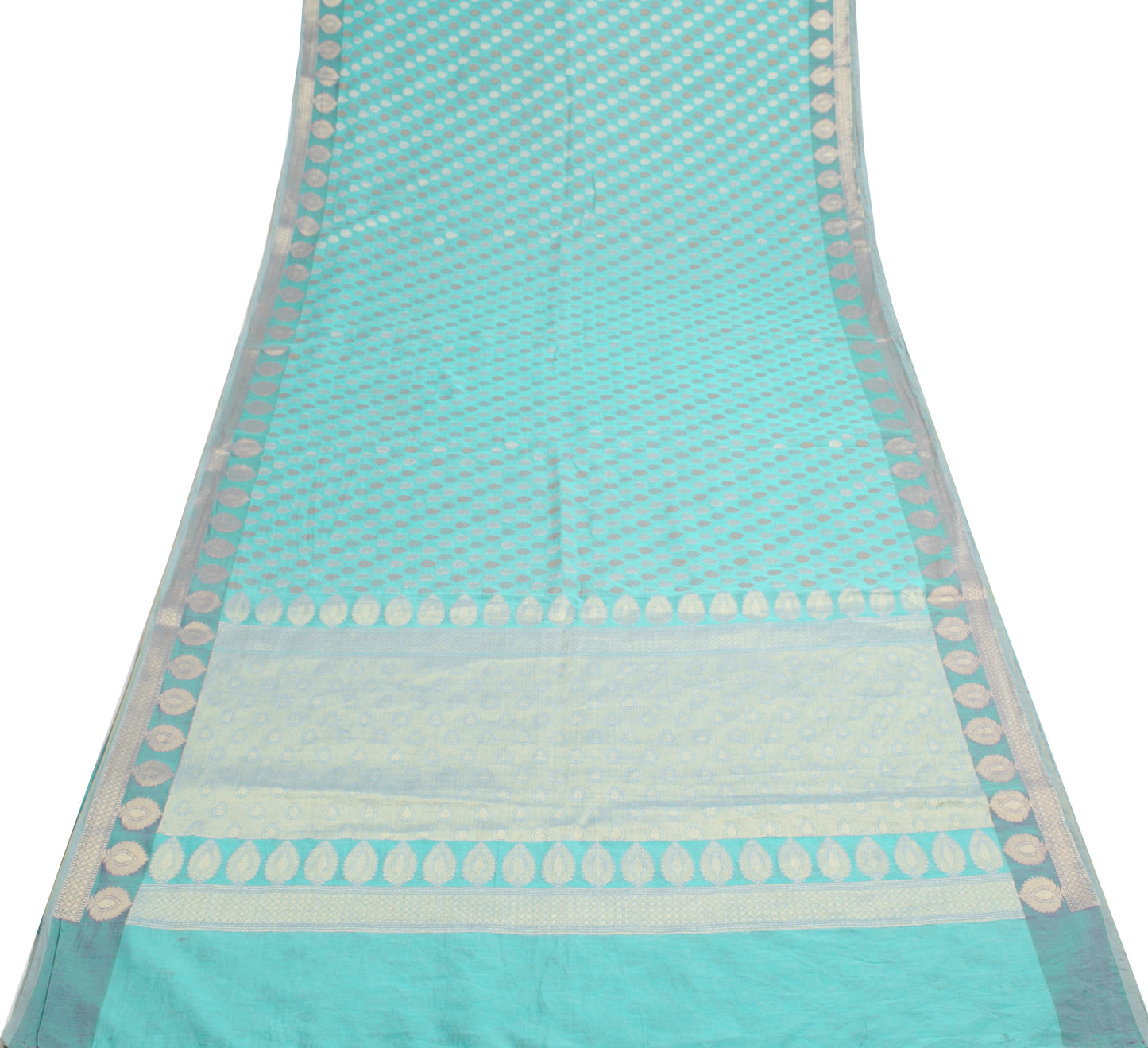 Sushila Vintage Aqua Blue Scrap Saree Blend Cotton Silk Woven Floral Sari Fabric