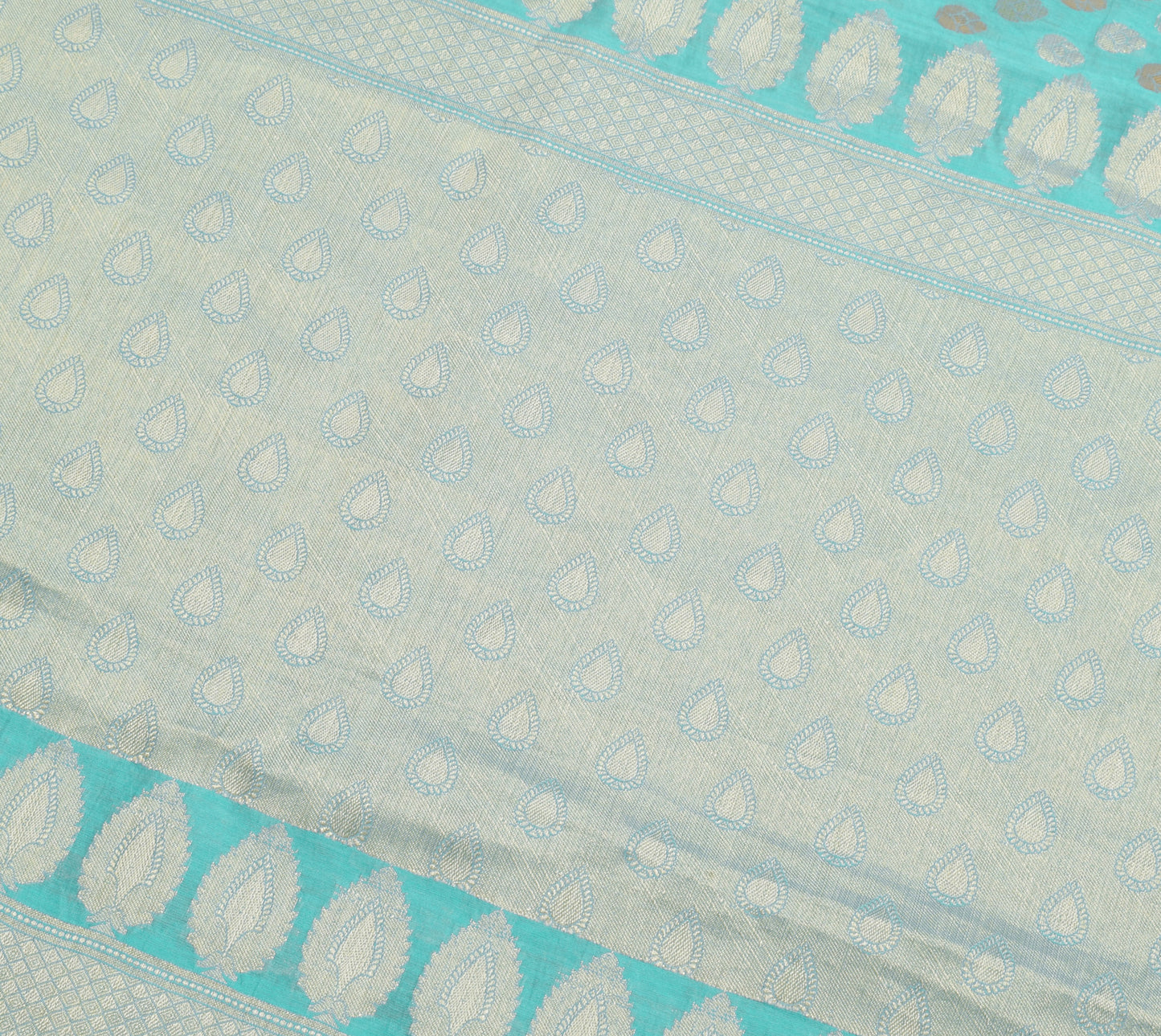 Sushila Vintage Aqua Blue Scrap Saree Blend Cotton Silk Woven Floral Sari Fabric