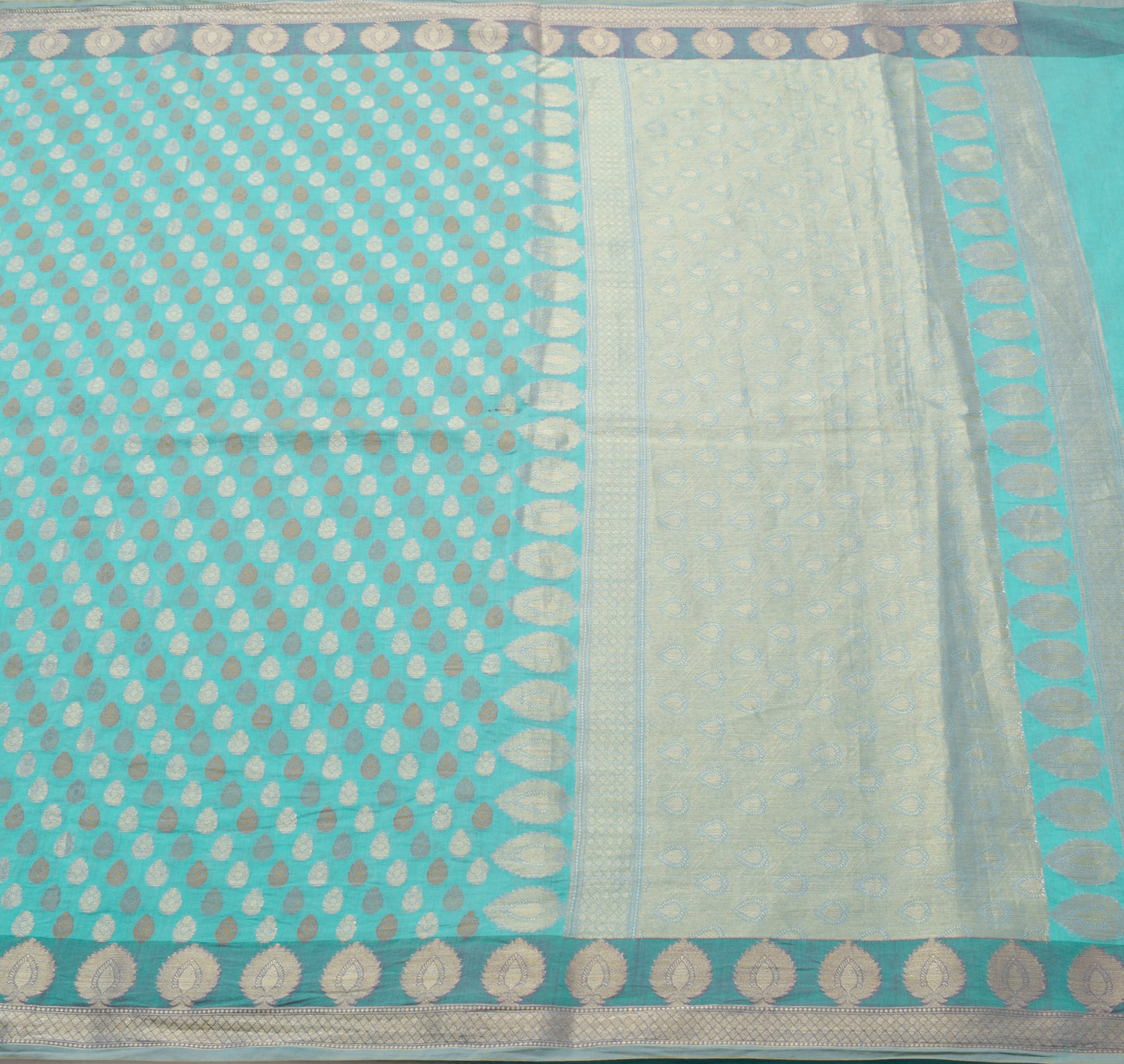 Sushila Vintage Aqua Blue Scrap Saree Blend Cotton Silk Woven Floral Sari Fabric