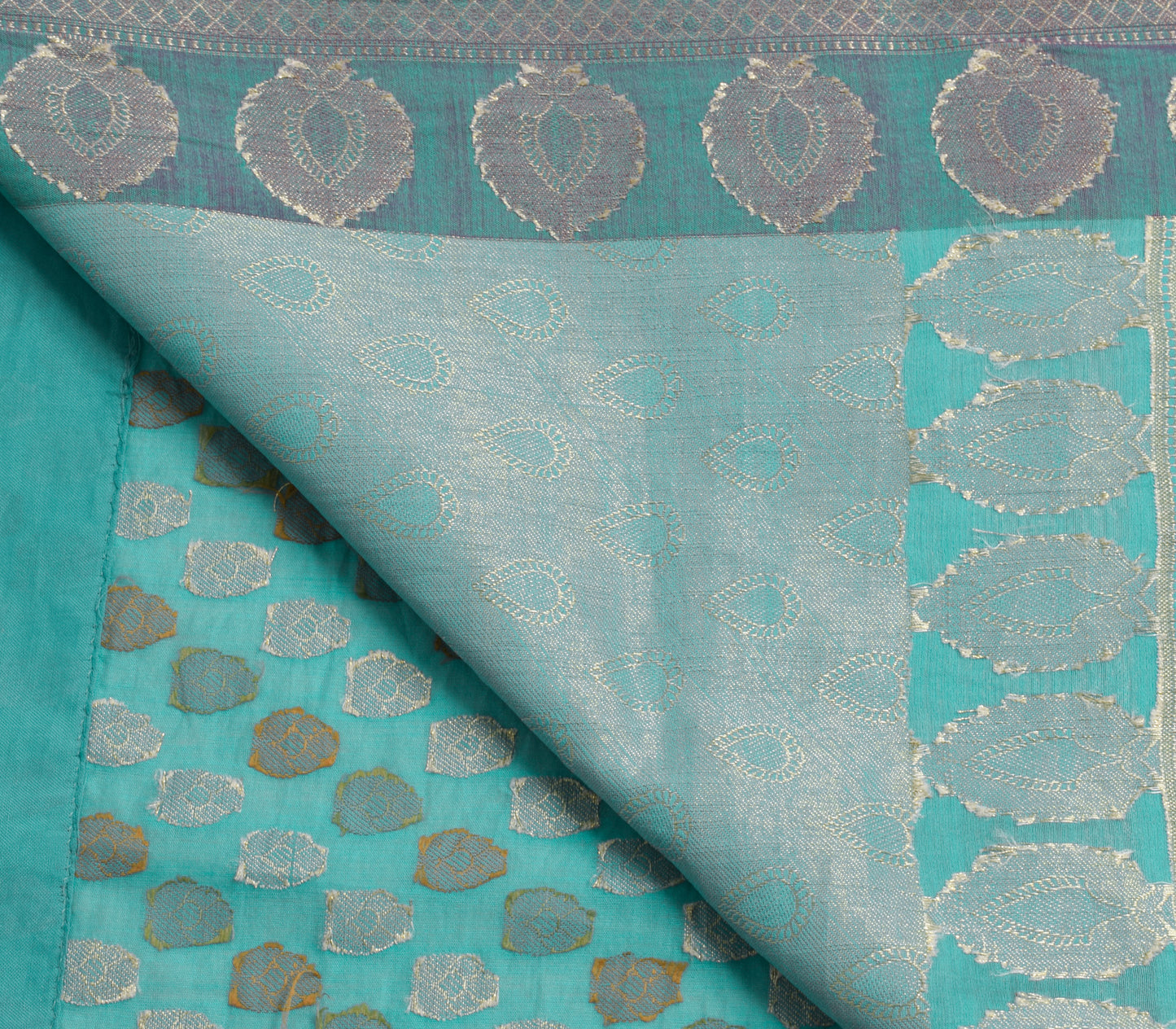 Sushila Vintage Aqua Blue Scrap Saree Blend Cotton Silk Woven Floral Sari Fabric