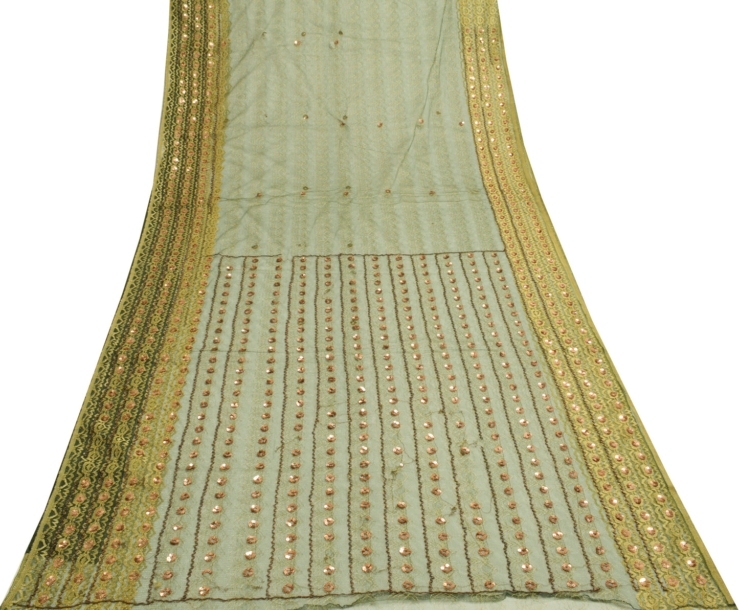 Sushila Vintage Green Scrap Saree Net Mash Hand Beaded Floral Sari Dress Fabric