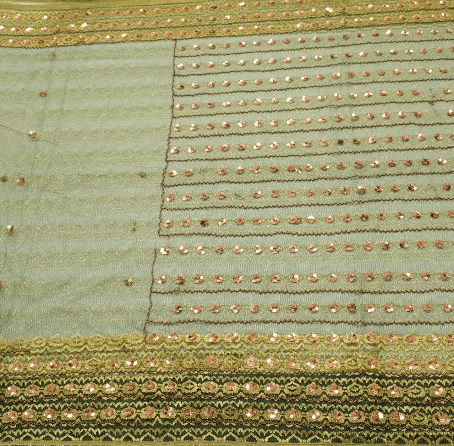 Sushila Vintage Green Scrap Saree Net Mash Hand Beaded Floral Sari Dress Fabric