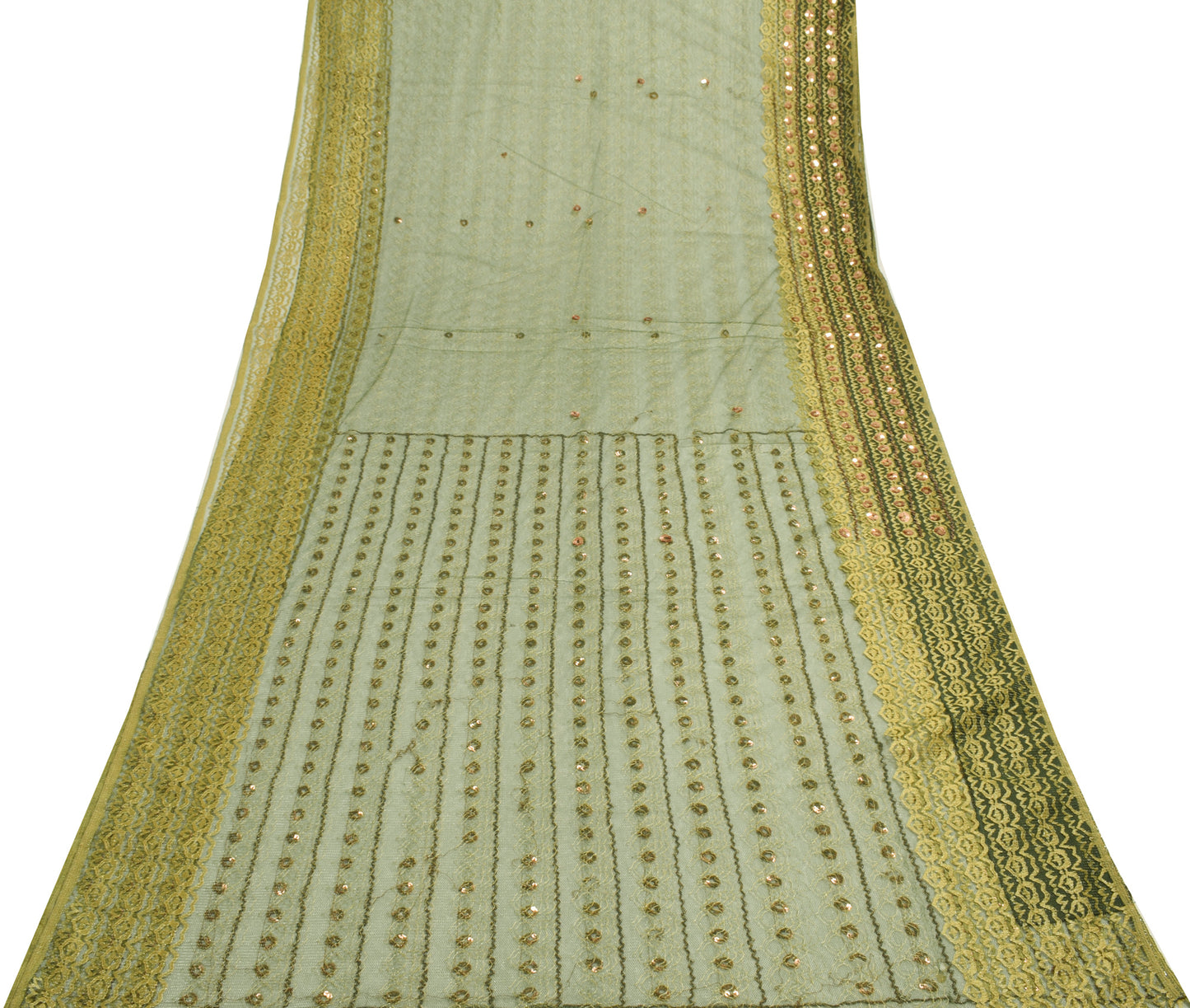 Sushila Vintage Green Scrap Saree Net Mash Hand Beaded Floral Sari Dress Fabric