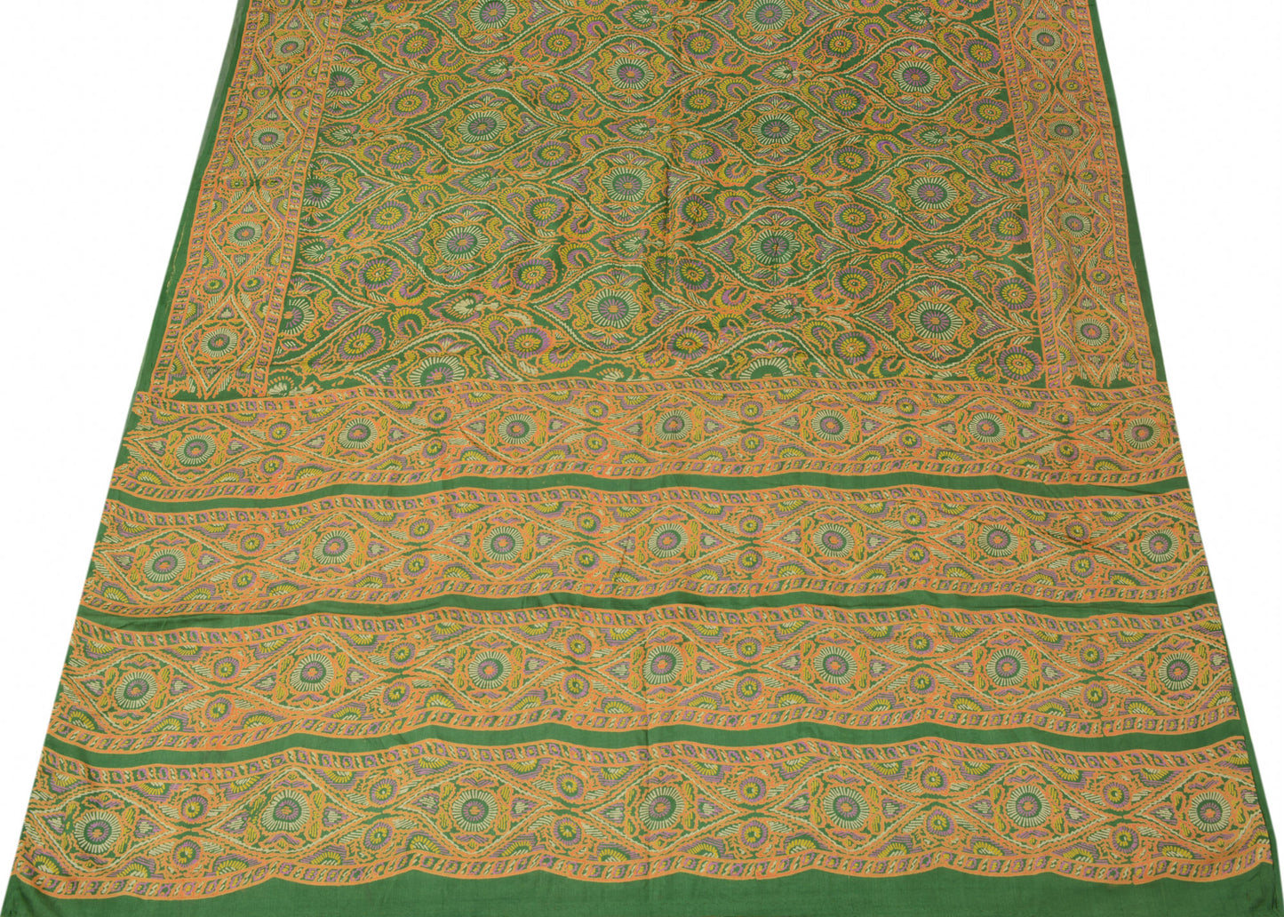 Sushila Vintage Green Scrap Saree 100% Pure Silk Printed Indian Craft Fabric