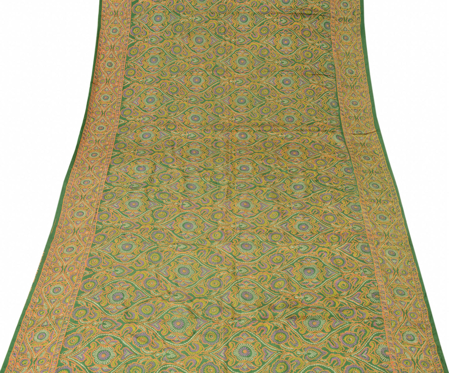 Sushila Vintage Green Scrap Saree 100% Pure Silk Printed Indian Craft Fabric