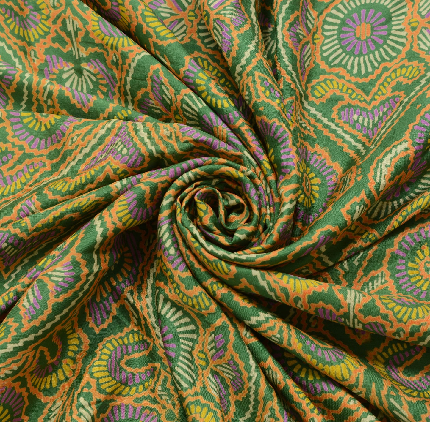 Sushila Vintage Green Scrap Saree 100% Pure Silk Printed Indian Craft Fabric