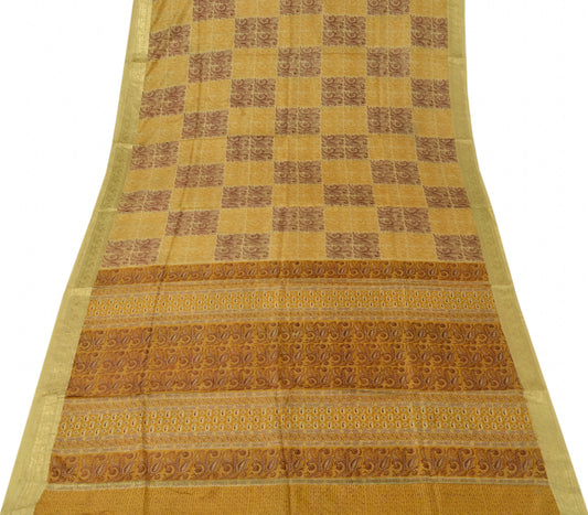 Sushila Vintage Cream Scrap Sari 100% Pure Silk Printed Paisley Craft Fabric