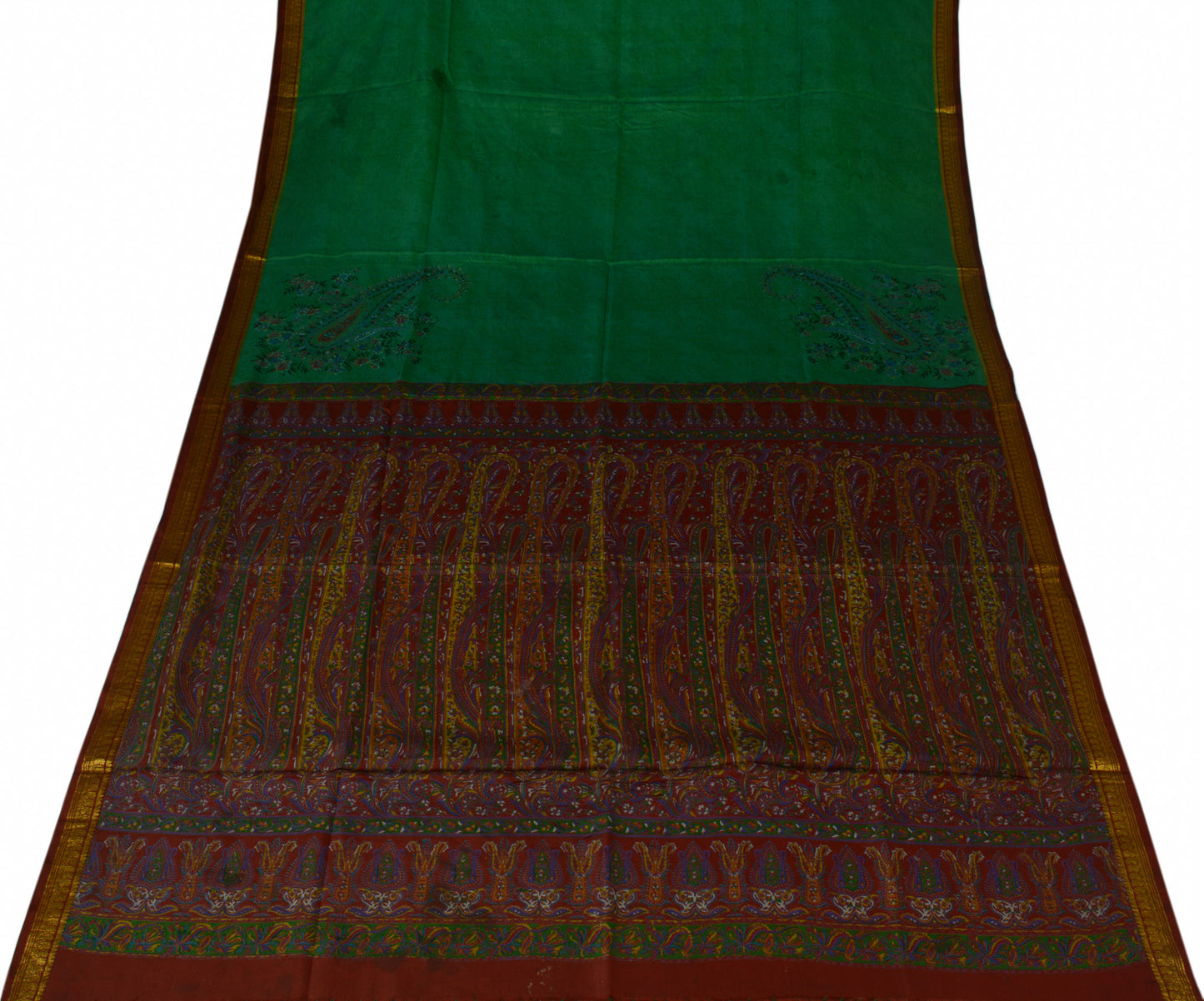 Sushila Vintage Green Scrap Saree 100% Pure Silk Printed Paisley Sari Fabric