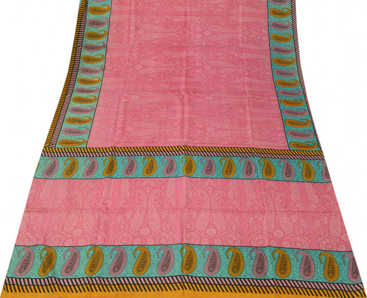 Sushila Vintage Pink Scrap Saree 100% Pure Silk Printed Paisley Craft Fabric