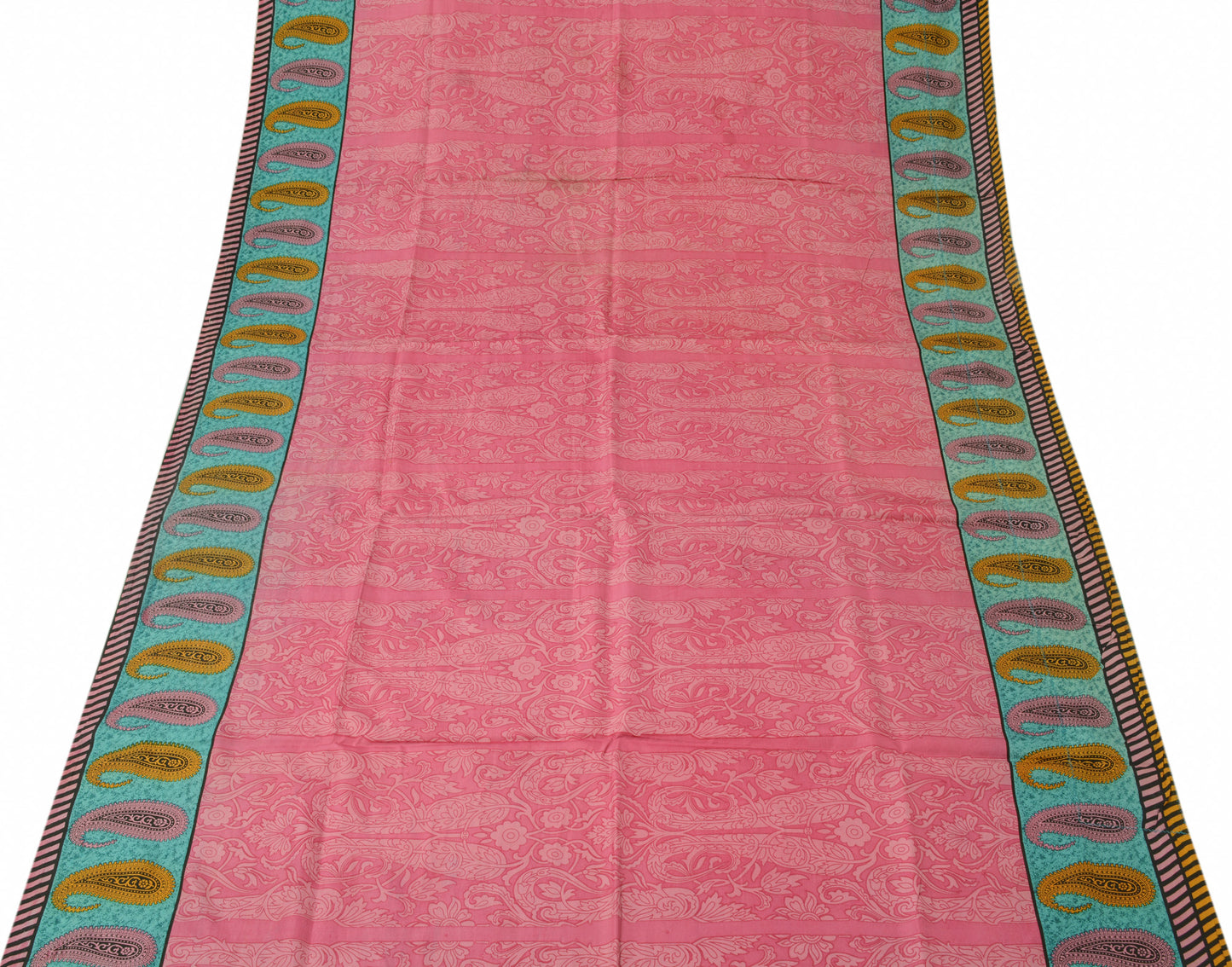 Sushila Vintage Pink Scrap Saree 100% Pure Silk Printed Paisley Craft Fabric