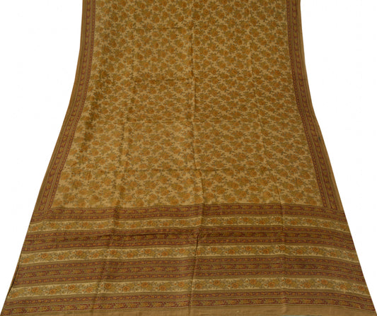 Sushila Vintage Brown Scrap Saree 100% Pure Silk Printed Floral Sari Fabric