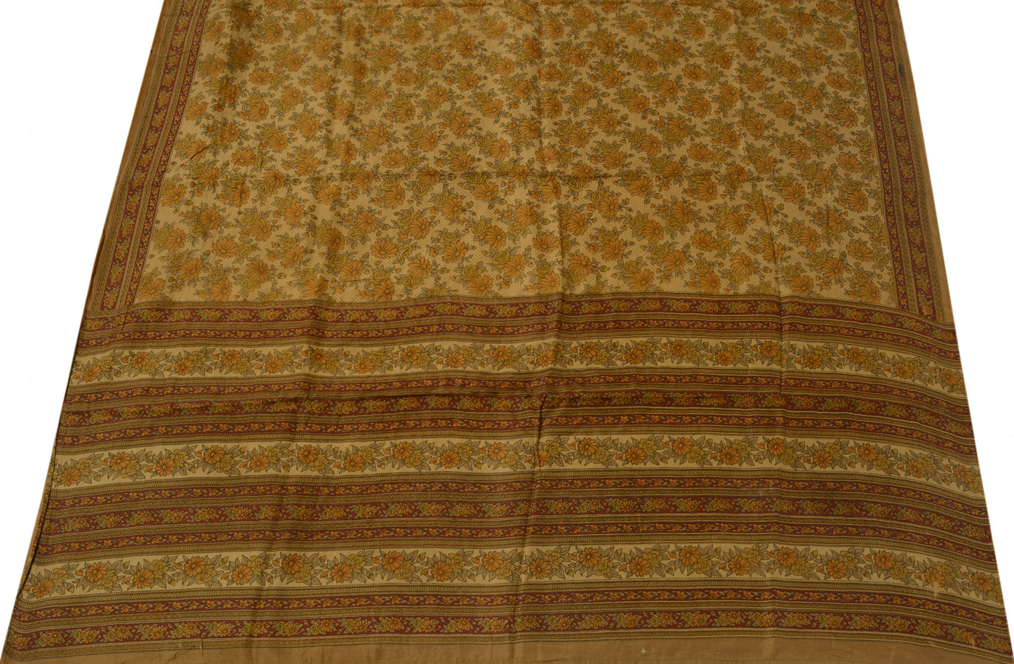 Sushila Vintage Brown Scrap Saree 100% Pure Silk Printed Floral Sari Fabric