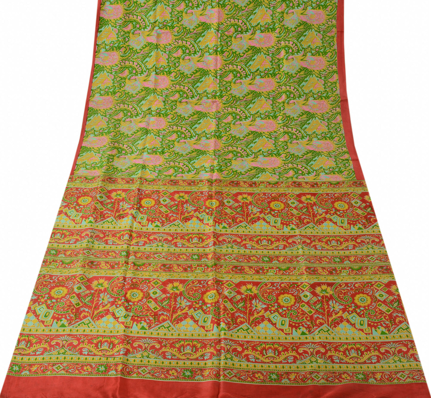 Sushila Vintage Green Scrap Saree 100% Pure Silk Printed Floral Sari Fabric