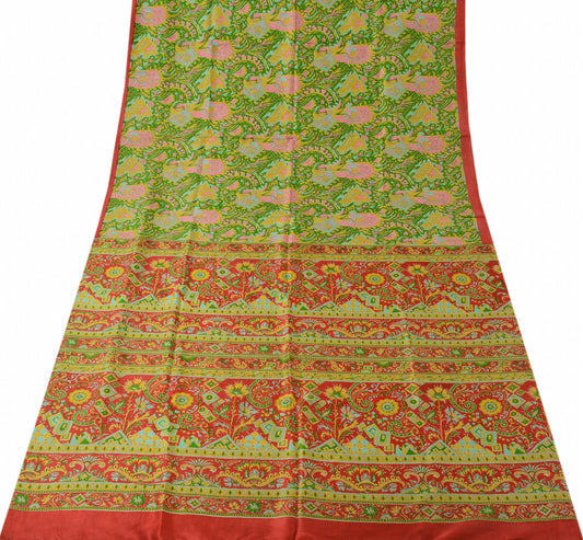 Sushila Vintage Green Scrap Saree 100% Pure Silk Printed Floral Sari Fabric