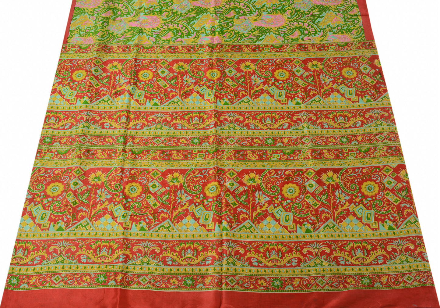 Sushila Vintage Green Scrap Saree 100% Pure Silk Printed Floral Sari Fabric