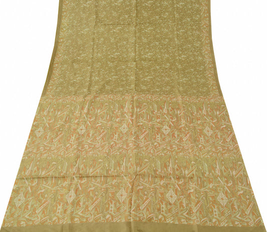 Sushila Vintage Cream Scrap Saree 100% Pure Silk Printed Indian Sari Fabric