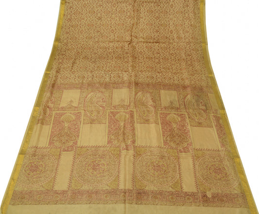 Sushila Vintage Brown Scrap Saree 100% Pure Silk Printed Floral Sari Fabric Deco