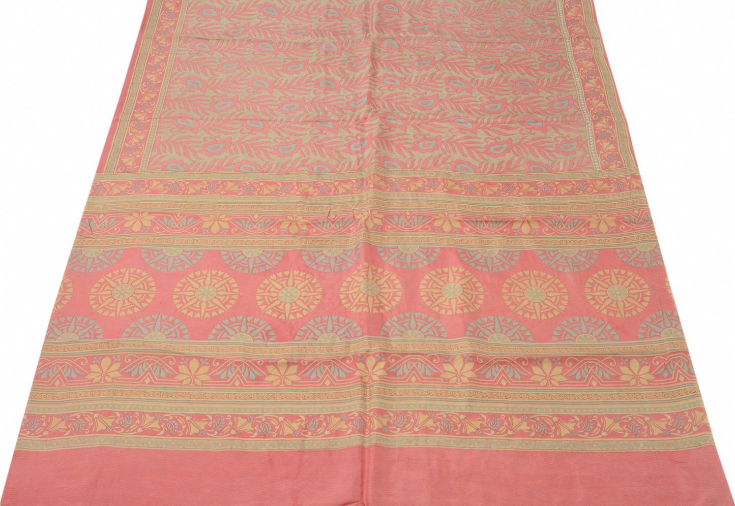 Sushila Vintage Pink/Green Scrap Saree 100% Pure Silk Printed Floral Sari Fabric