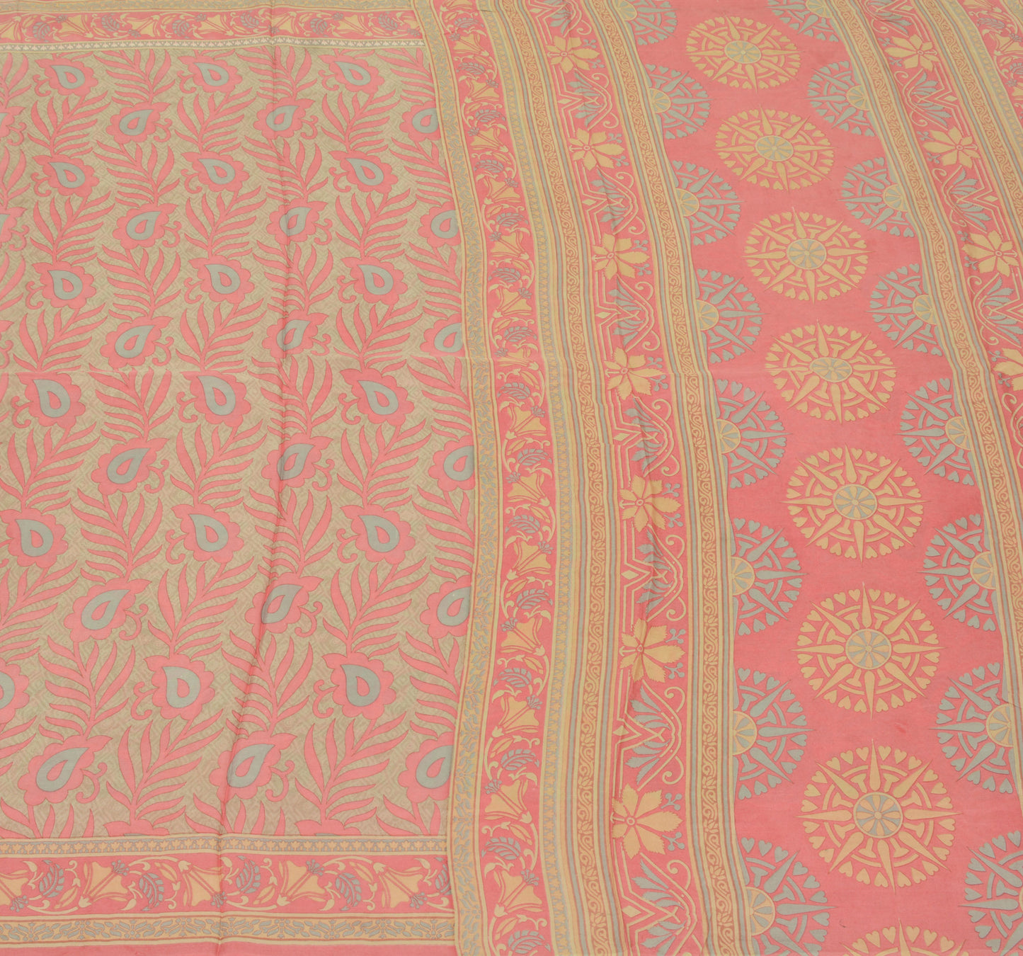 Sushila Vintage Pink/Green Scrap Saree 100% Pure Silk Printed Floral Sari Fabric