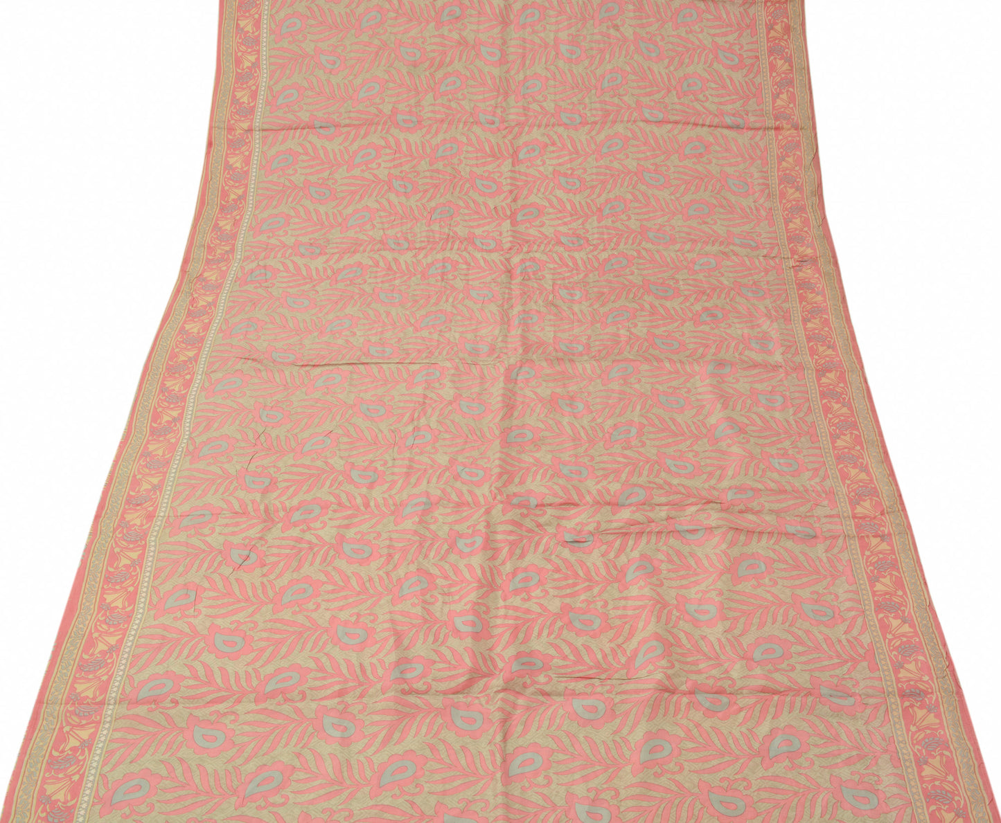 Sushila Vintage Pink/Green Scrap Saree 100% Pure Silk Printed Floral Sari Fabric