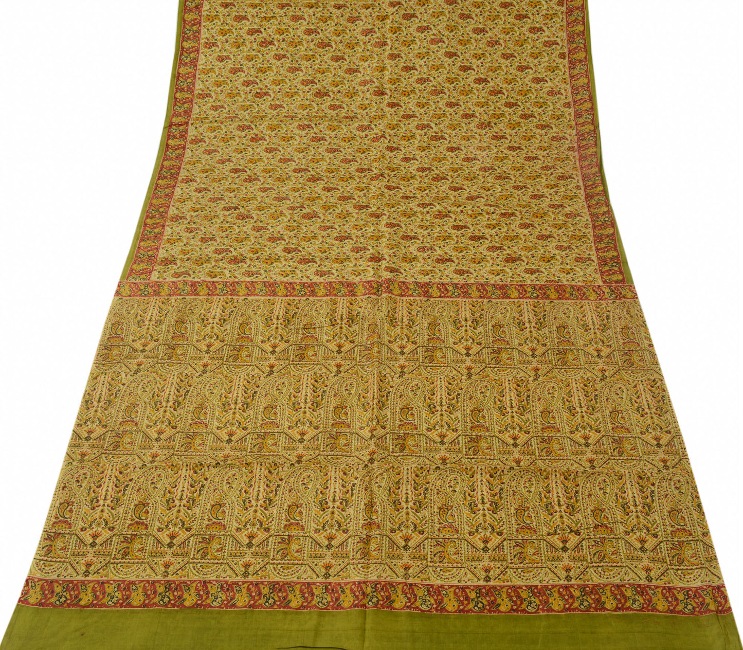 Sushila Vintage Cream Scrap Saree 100% Pure Silk Printed Paisley Sari Fabric