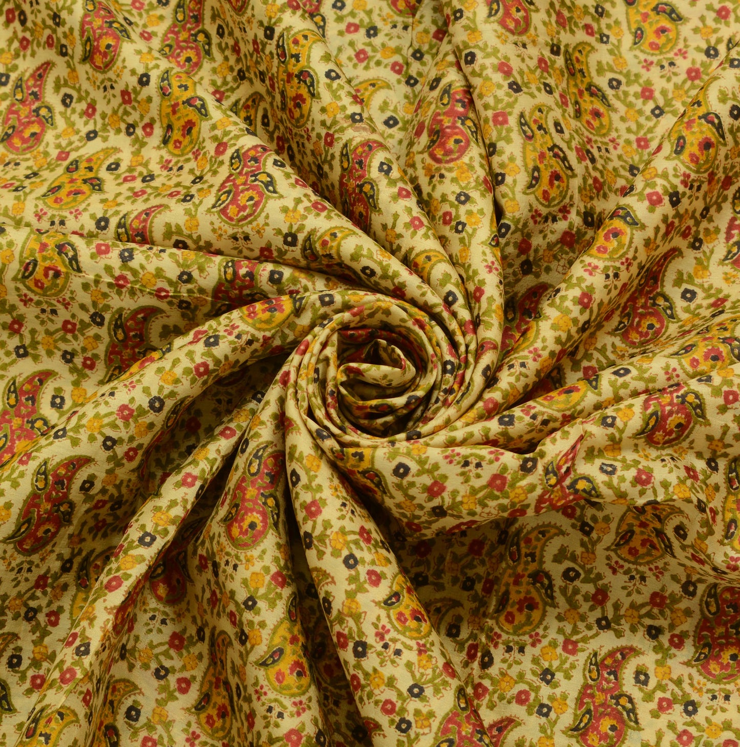 Sushila Vintage Cream Scrap Saree 100% Pure Silk Printed Paisley Sari Fabric