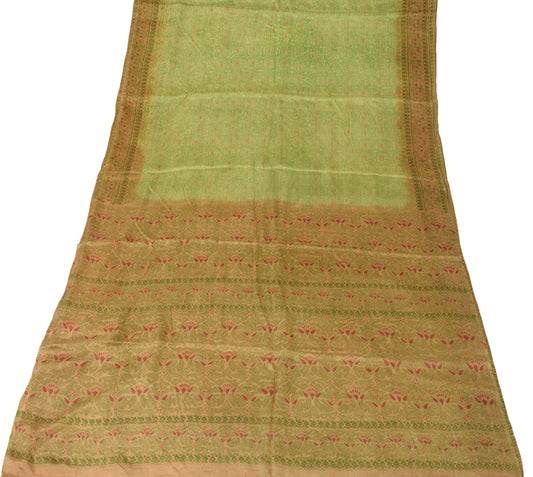 Sushila Vintage Green Scrap Saree 100% Pure Silk Printed Paisley Sari Fabric