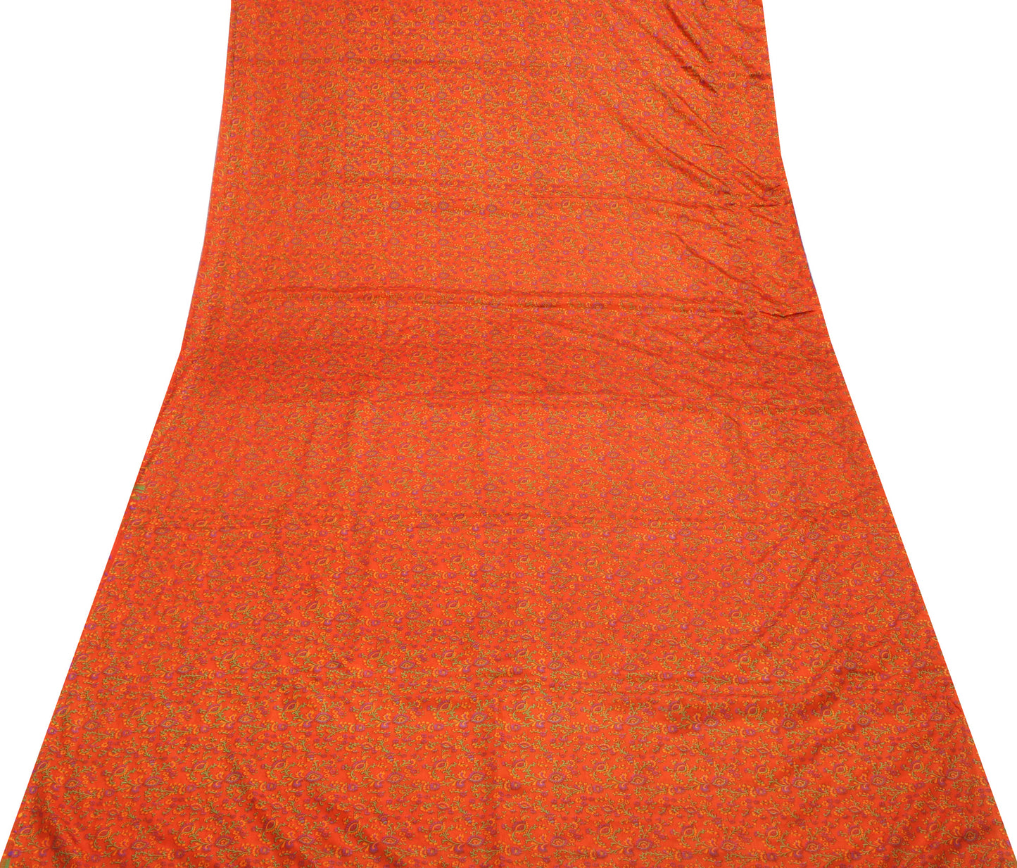 Sushila Vintage Orange Scrap Saree Blend Silk Printed Floral Sari Craft Fabric