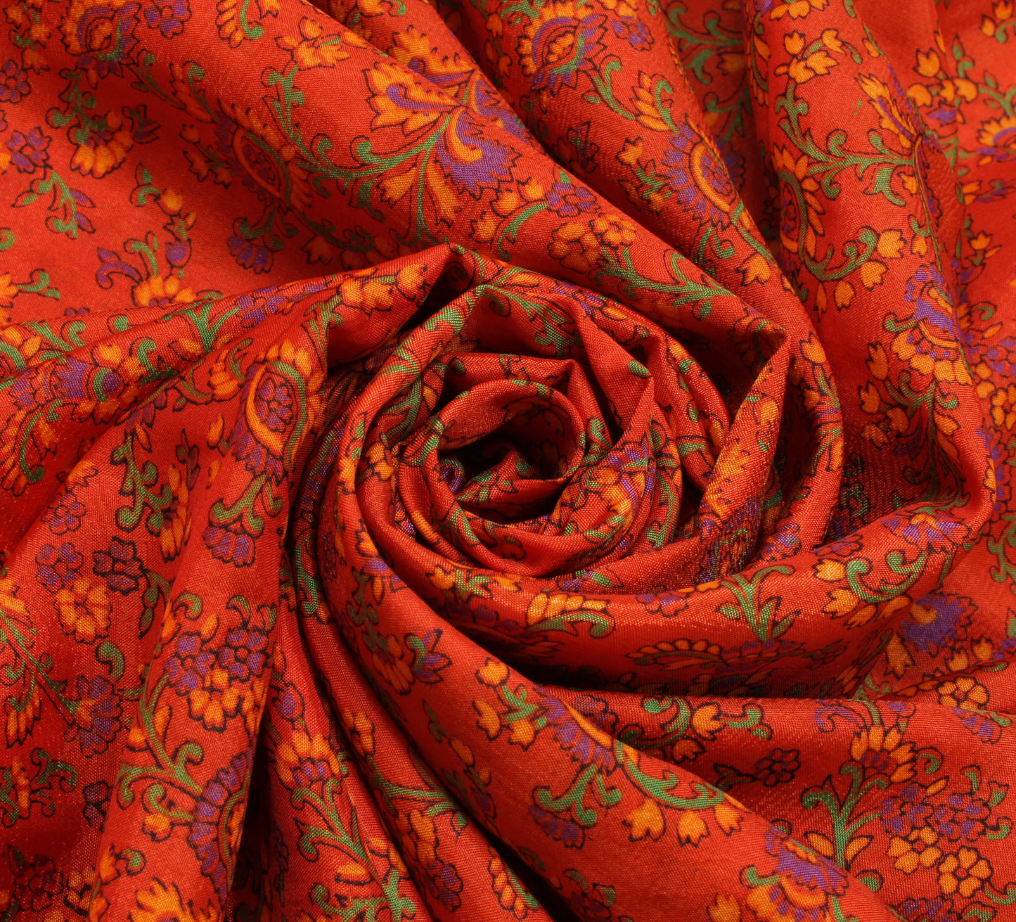 Sushila Vintage Orange Scrap Saree Blend Silk Printed Floral Sari Craft Fabric