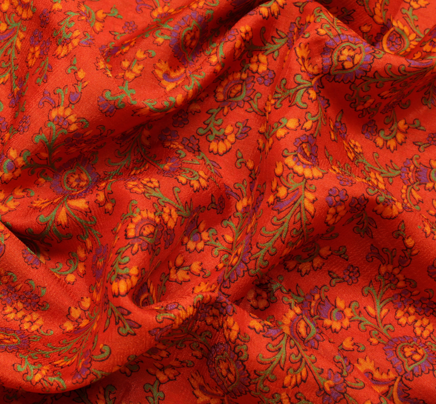 Sushila Vintage Orange Scrap Saree Blend Silk Printed Floral Sari Craft Fabric