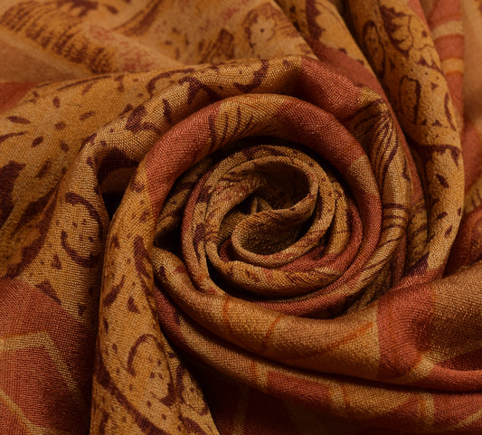 Sushila Vintage Brown Scrap Saree 100% Pure Silk Printed Sari 5 Yard Fabric