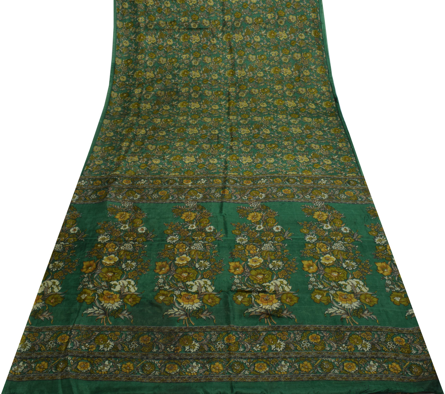 Sushila Vintage Green Scrap Saree 100% Pure Silk Printed Floral Sari Fabric