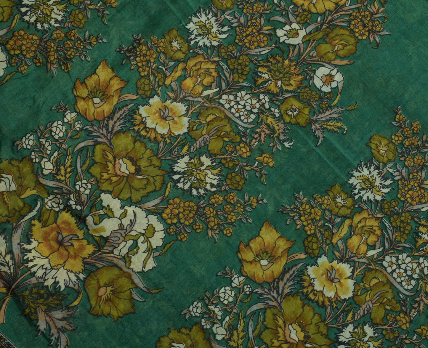 Sushila Vintage Green Scrap Saree 100% Pure Silk Printed Floral Sari Fabric