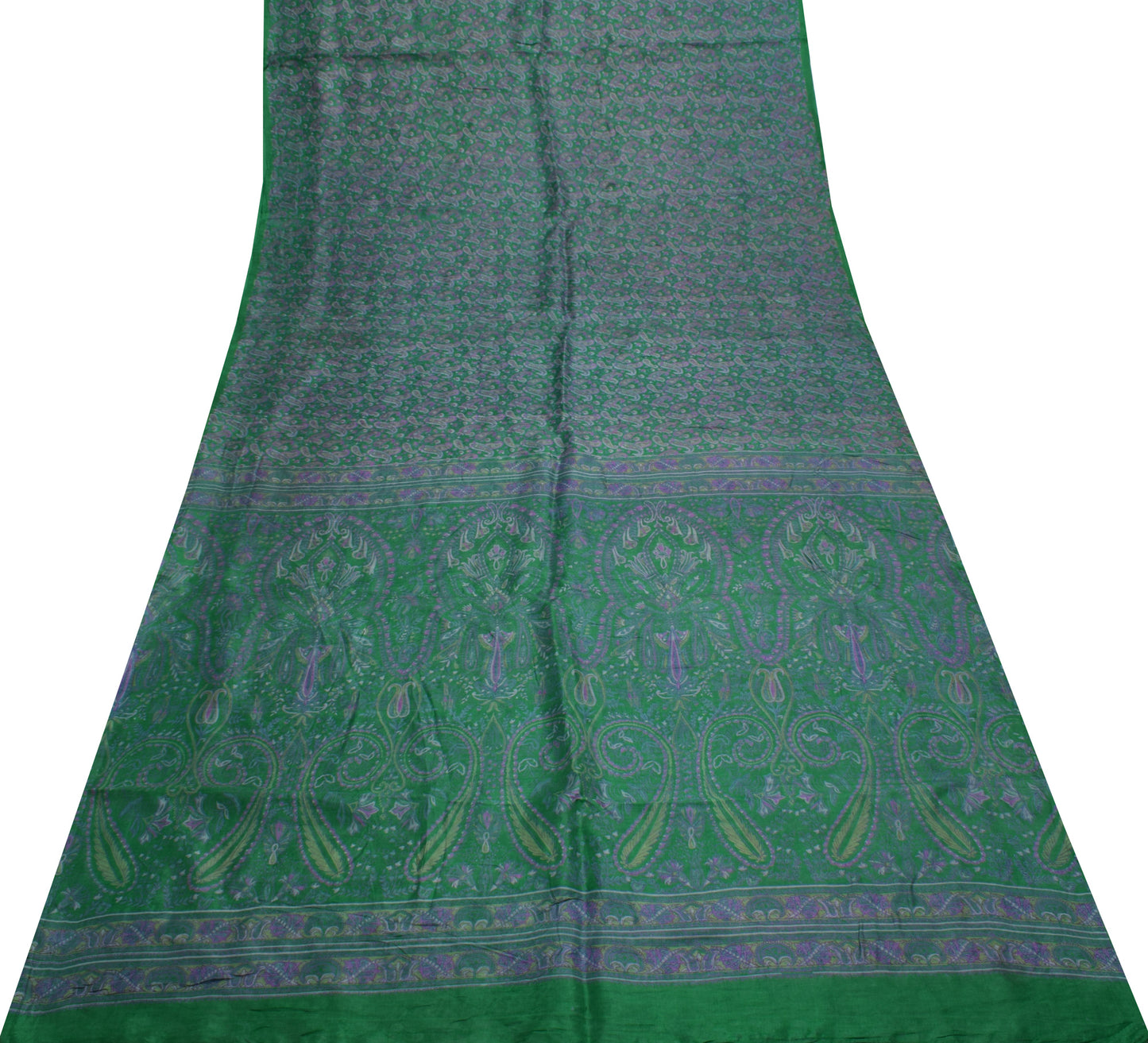 Sushila Vintage Green Scrap Saree 100% Pure Silk Printed Paisley Sari Fabric