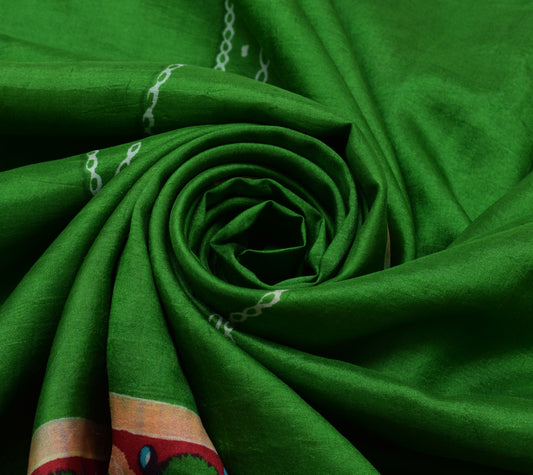 Sushila Vintage Green Scrap Saree 100% Pure Silk Printed Floral Sari Fabric