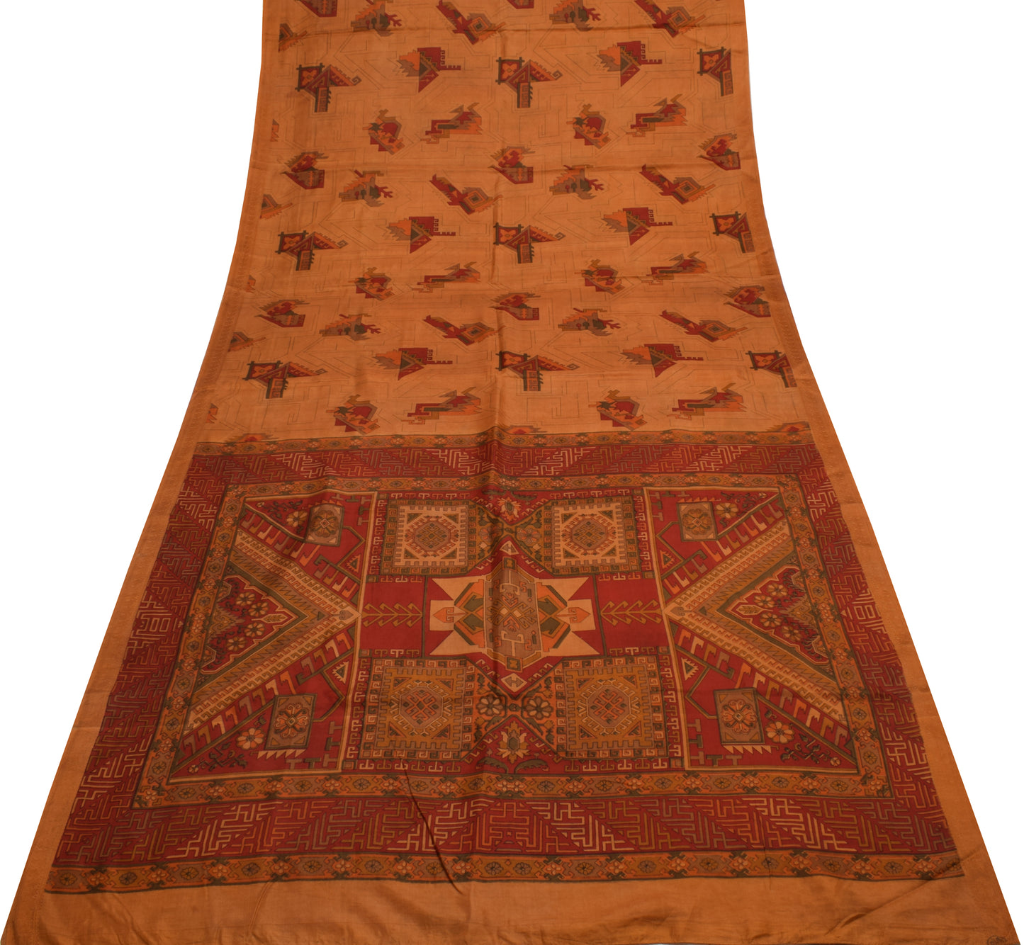 Sushila Vintage Brown Scrap Saree 100% Pure Silk Printed 5 Yard Sari Fabric