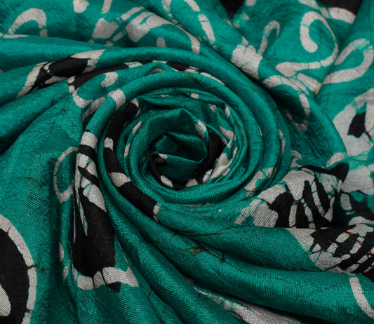 Sushila Vintage Teal Green Scrap Saree 100% Pure Silk Printed Sari Craft Fabric