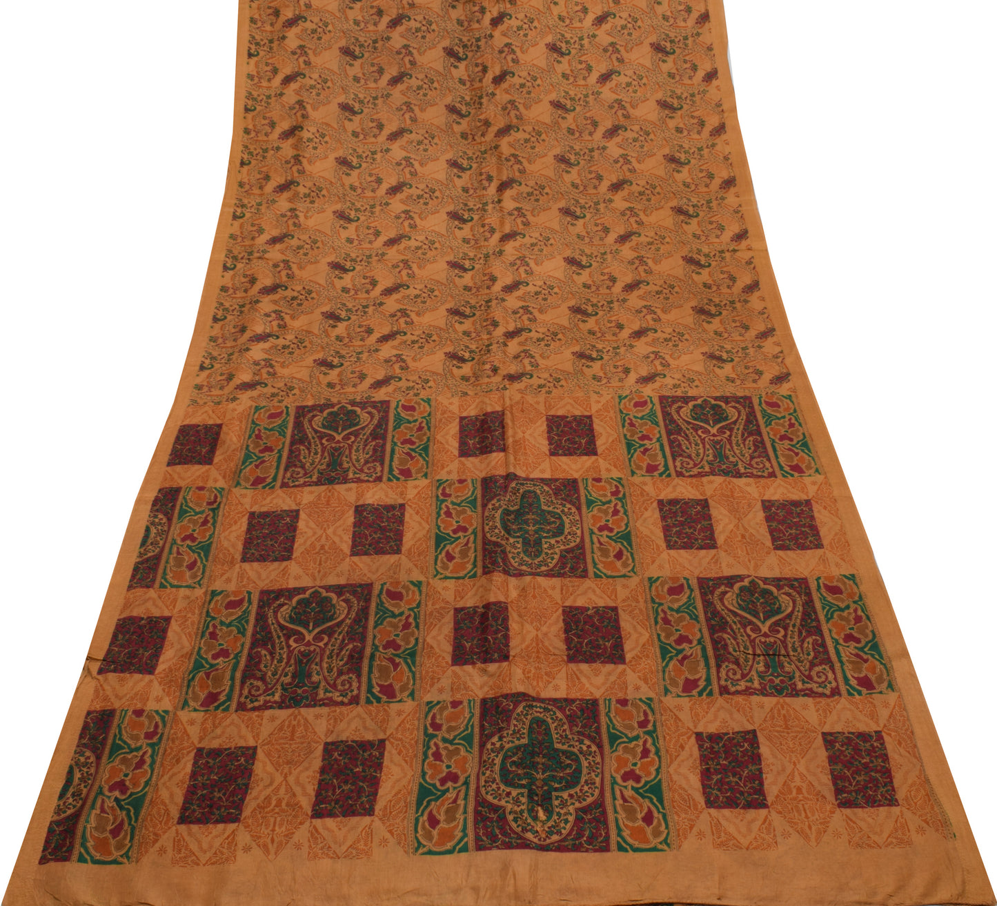 Sushila Vintage Brown Scrap Saree 100% Pure Silk Printed 5 Yard Sari Fabric