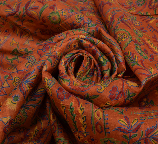 Sushila Vintage Orange Scrap Saree 100% Pure Silk Printed Floral Sari Fabric