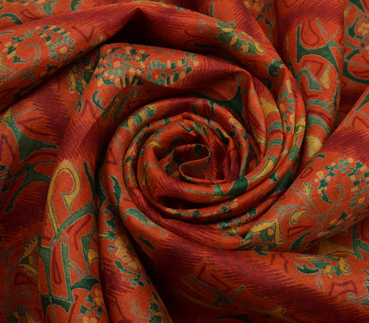 Sushila Vintage Orange Scrap Saree 100% Pure Silk Printed Floral Sari Fabric