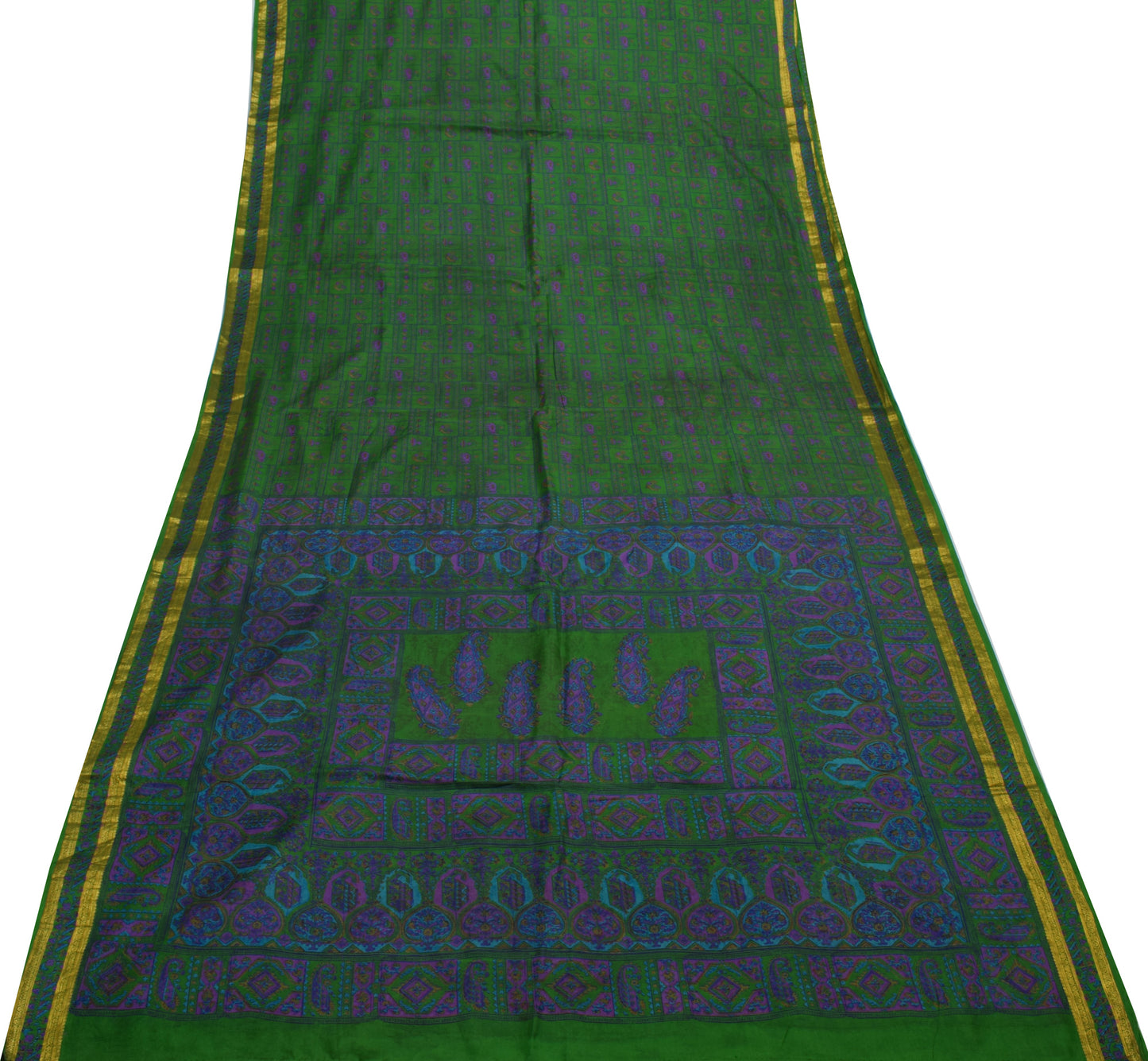 Sushila Vintage Green Scrap Saree 100% Pure Silk Printed 5 Yard Sari Fabric