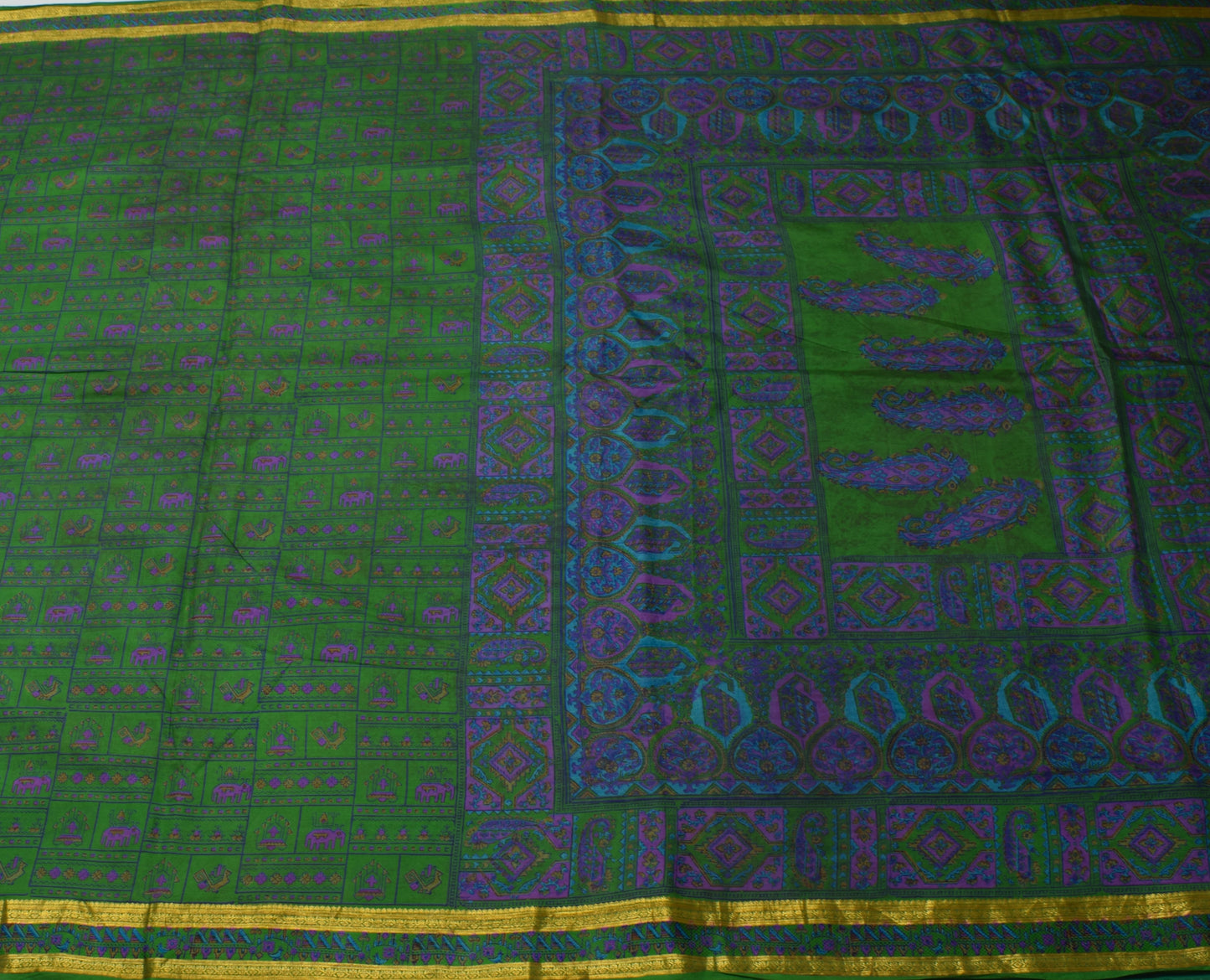 Sushila Vintage Green Scrap Saree 100% Pure Silk Printed 5 Yard Sari Fabric