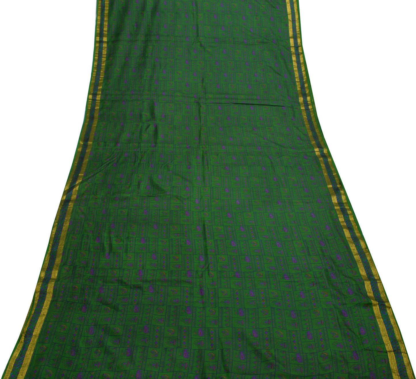 Sushila Vintage Green Scrap Saree 100% Pure Silk Printed 5 Yard Sari Fabric