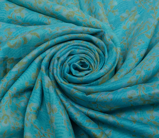 Sushila Vintage Turquoise Blue Scrap Sari Pure Silk Printed Floral Sari Fabric