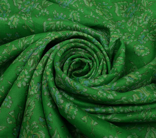 Sushila Vintage Green Scrap Saree 100% Pure Silk Printed Floral Sari Fabric