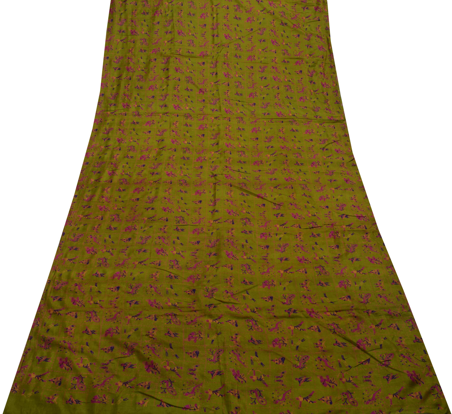 Sushila Vintage Green Scrap Saree 100% Pure Silk Printed 5 Yard Sari Fabric