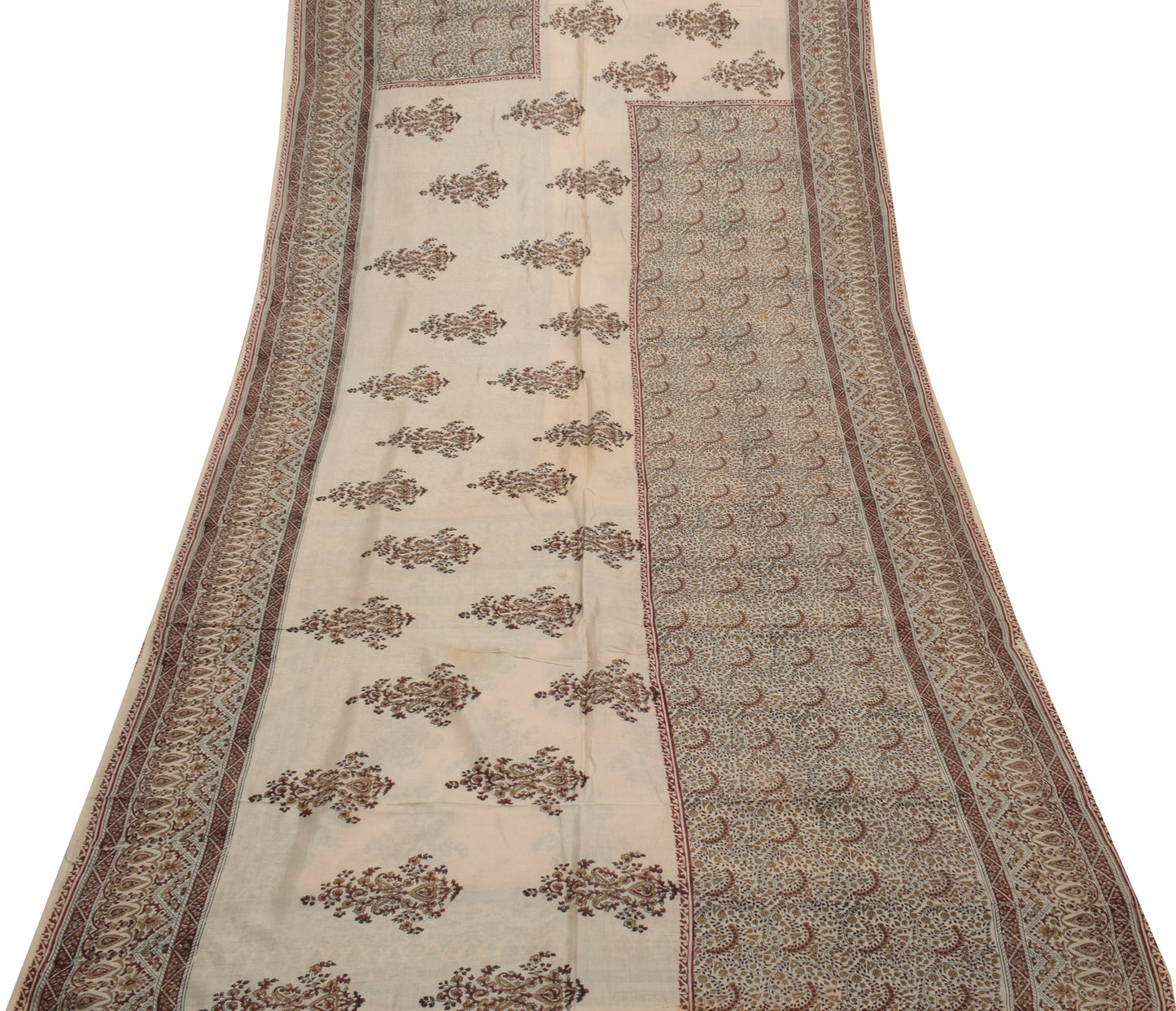 Sushila Vintage Cream Scrap Saree 100% Pure Cotton Printed Floral Sari Fabric