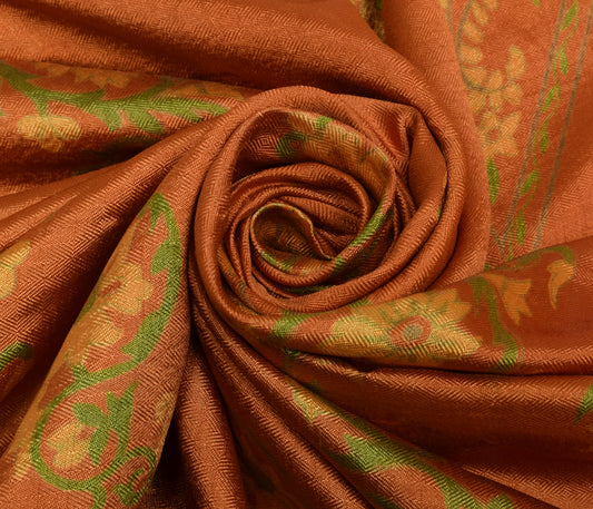 Sushila Vintage Orange Scrap Saree 100% Pure Silk Printed Floral Sari Fabric